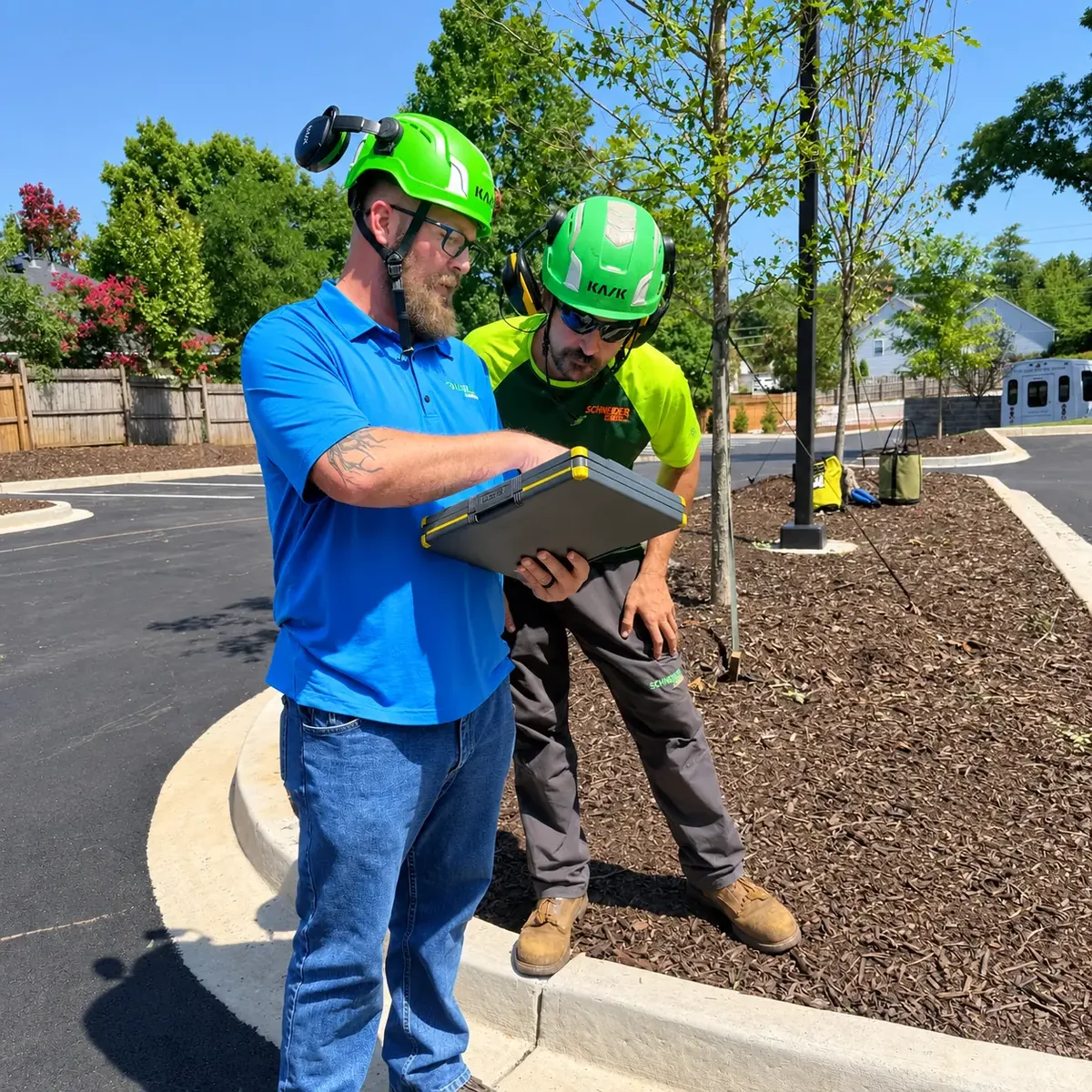 Arborist building an on-site estimate with Mantx tree care software